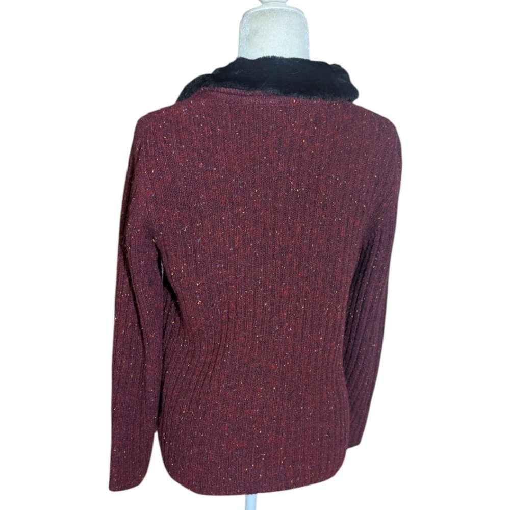 Vtg Burgundy Marled Ribbed Zip-Up Sweater Wool Blend Black Faux Fur Collar Sz S - Picture 3 of 8